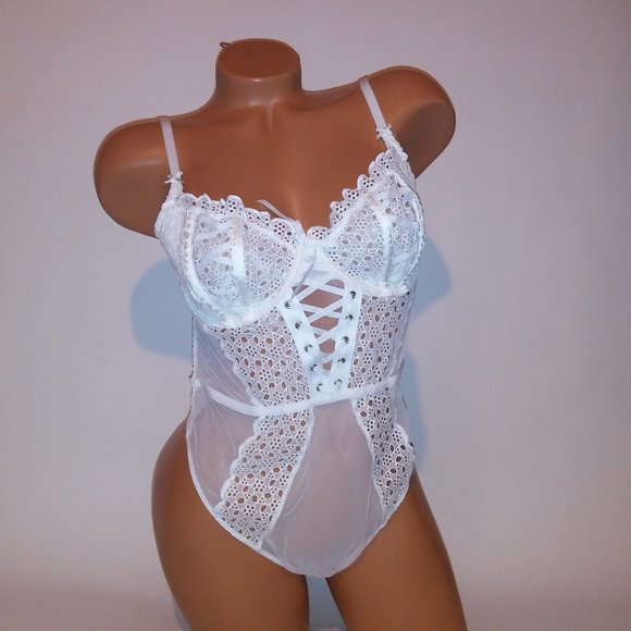 Victoria's Secret Other - Victoria Secret Lingerie Teddy One Piece Bodysuit White Eyelet Sheer Thong‎ Back